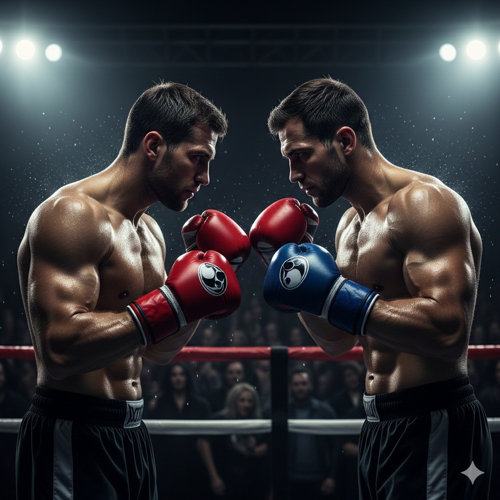 Cinematic boxing super fight poster showing two elite professional boxers facing off in a dramatic arena under bright ring lights, representing upcoming boxing super fights in 2025–2026.
